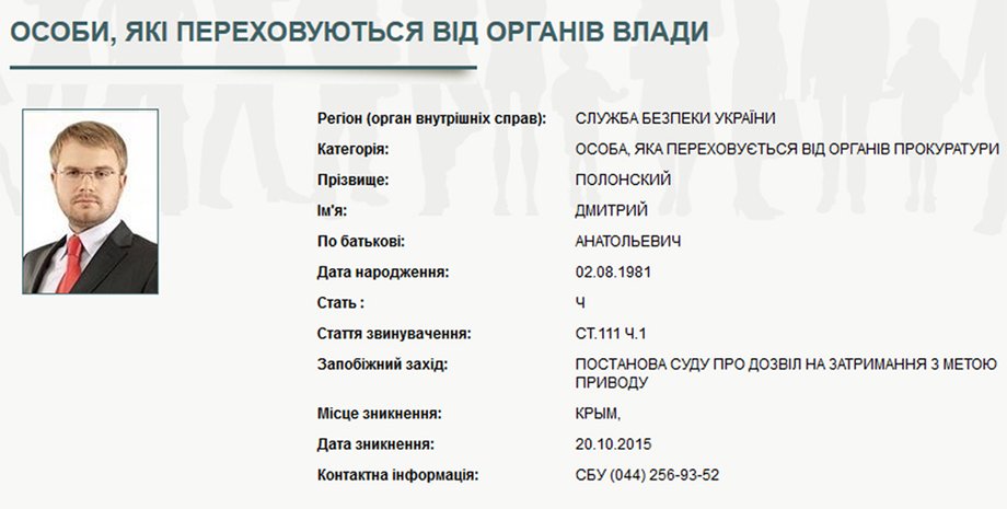 Карточка Дмитрия Полонского на веб-сайте МВД