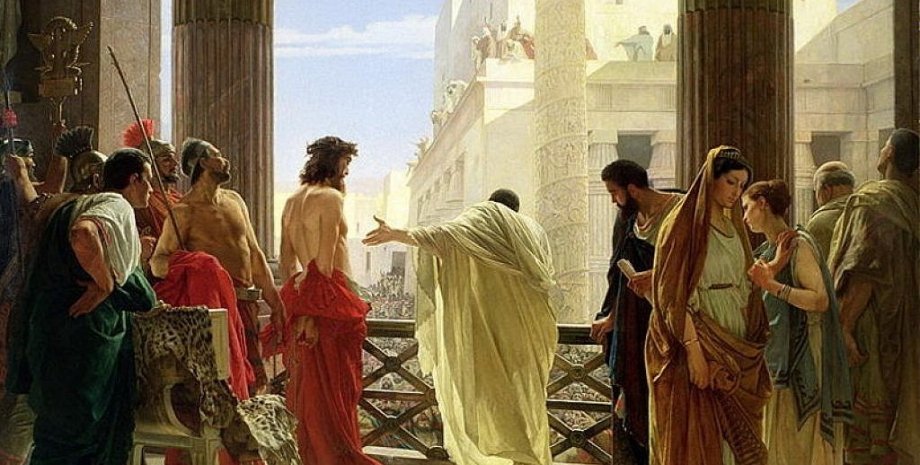 Картина  Антонио Чизери  Ecce Homo ("Это человек"). Понтий Пилат показывает подвергшегося бичеванию Иисуса жителям Иерусалима. Wikipedia