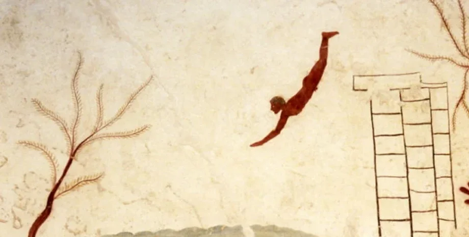 Греція, гробниця, пірнальник, море, вода, зображення, символізм, фреска, плита, археологія, археолог, дослідження, значення, тлумачення, юнак, чоловік