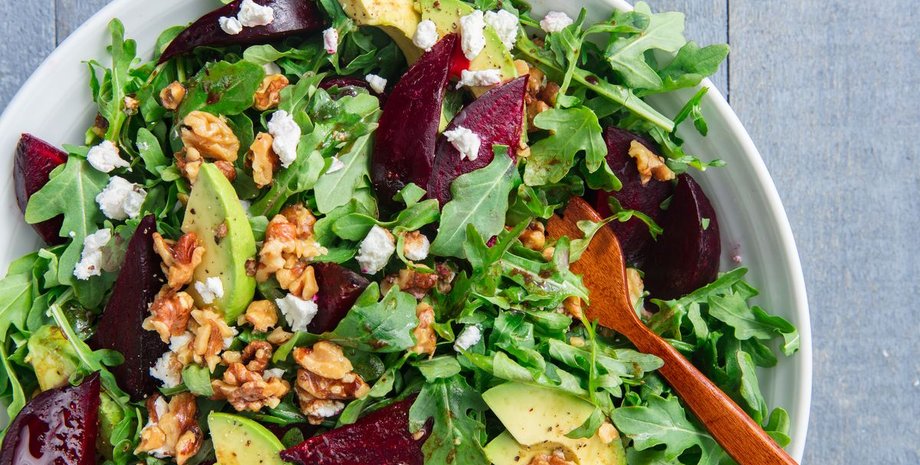 салат, свекла, рукола, орехи, блюдо, еда