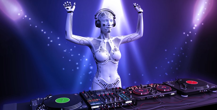 Робот с ИИ за пультом DJ Робот, ИИ, музыка