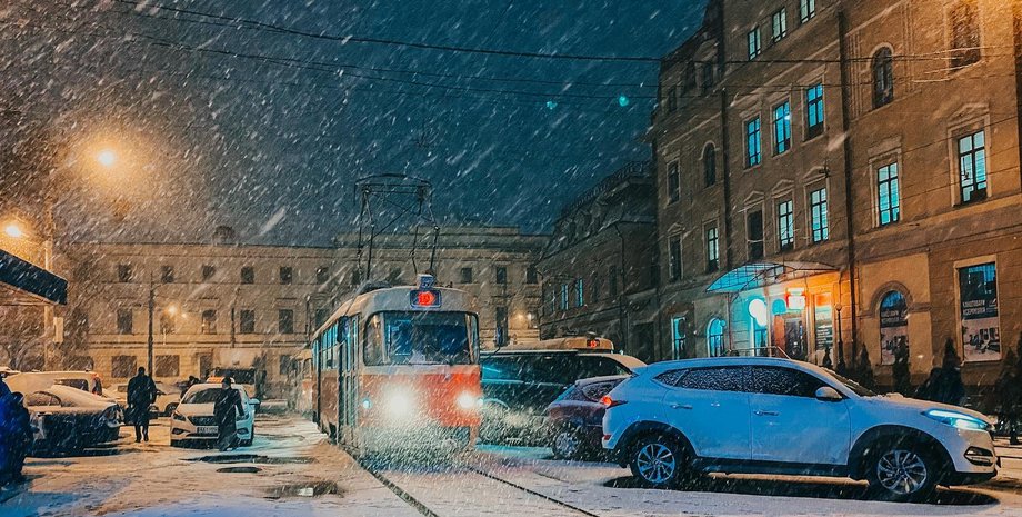 трамвай, вечер, киев, снег, зима