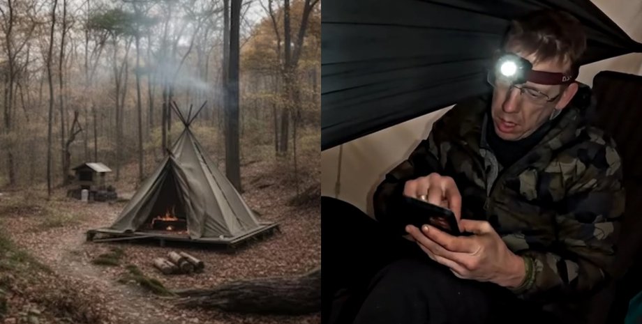 Палатка, ночь в лесу, турист в лесу, блогер Люк Николс, жуткий момент, зловещий звук, зловещий смех, койоты в лесу, койоты окружили палатку