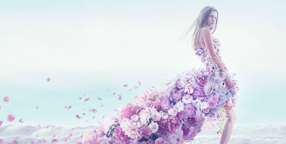 дівчина, плаття з квітів, шлейф, аромат, подарунок дівчині на 8 березня