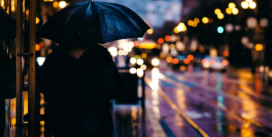 людина, місто, парасолька, ніч, дощ, вогні