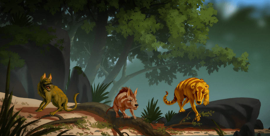 доисторические существа, рисунок, деревья