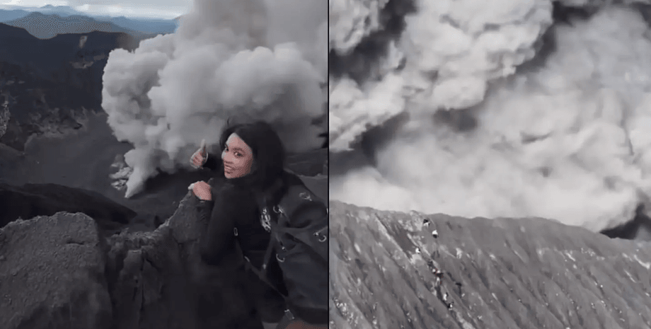 Туристка, вулкан, действующий вулкан, туристка рискнула жизнью, могло убить, вулкан Дуконо, опасный трюк, опасно для жизни