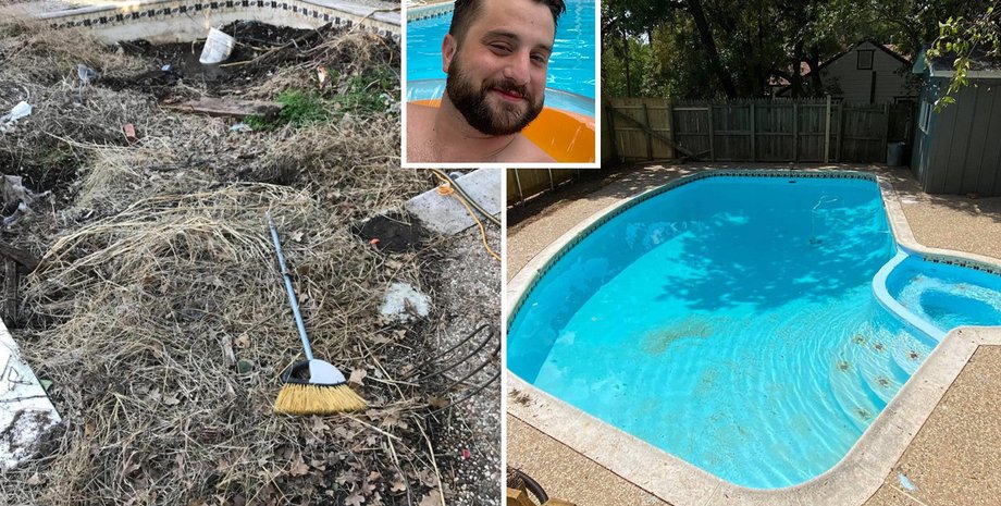 Басейн, задній двір, сад, засипаний землею басейн, чоловік, чоловік знайшов басейн, купив будинок