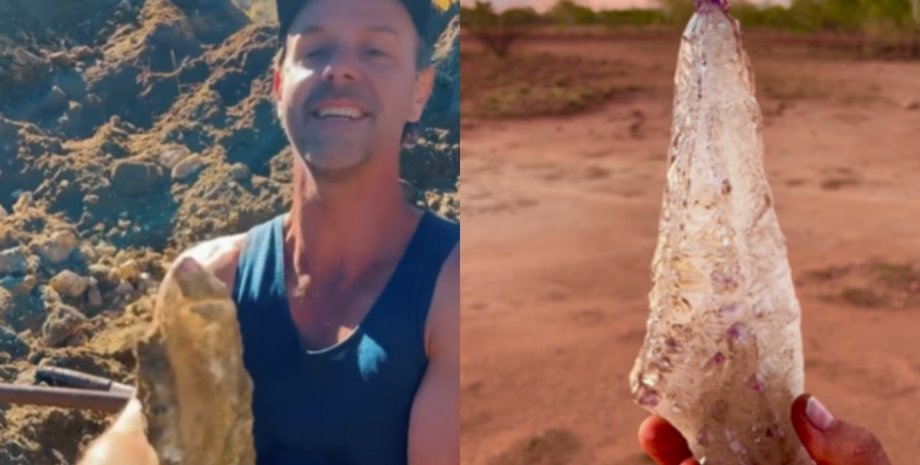 Чоловік знайшов дорогоцінний камінь, кристал, рідкісний кристал, кварц, викопав камінь із землі, рідкісний камінь, дорогоцінний камінь, рідкісна знахідка