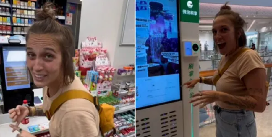 Туристка платить долонею в Китаї, сучасні технології, Weixin Palm Payment, як платити без телефона та картки, відео