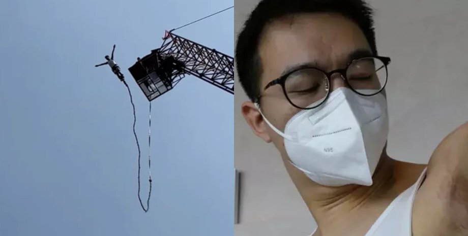 Мужчина, турист, банджи-джампинг, тарзанка, трос, аттракцион