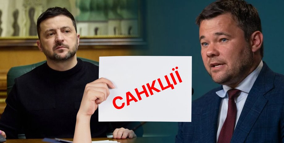 Президент Украины Владимир Зеленский и бывший глава Офиса президента Андрей Богдан на фоне темы санкций СНБО