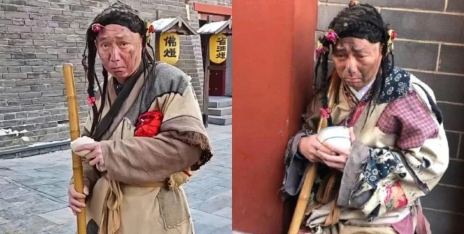 Китайский актер, притворяется нищим, актер, талантливый актер, средняя зарплата, просит деньги, туристы, деньги, зарабатывает на улицах