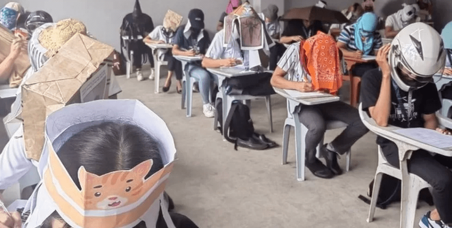 маски, шляпы против списывания, филиппины, студенты