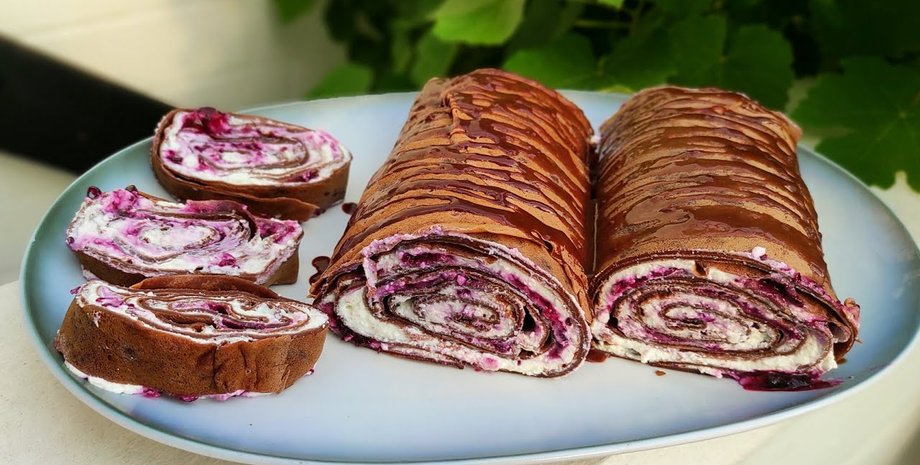 Блинный рулет, рулет из блинов, рецепт рулета с заварным кремом, вишневый конфитюр, рулет с вишней, пп рулет,