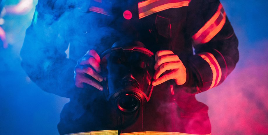 пожарный, дым, противогаз