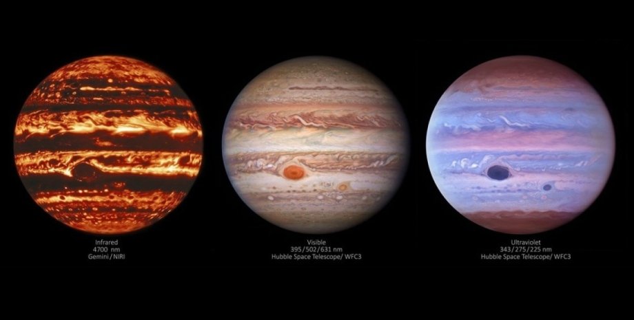 Юпитер, ультрафиолет, инфракрасные волны, видимые волны, фото
