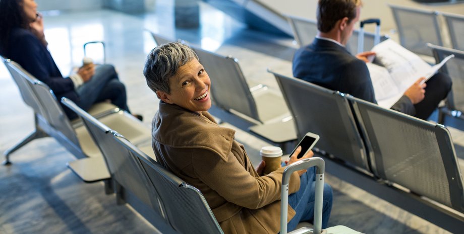 пассажиры, самолет, ожидание, кофе, женщина