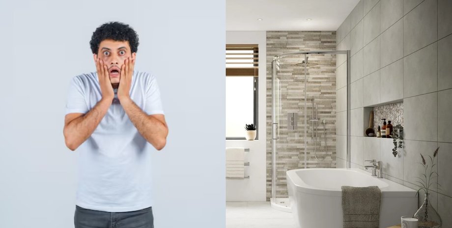 Испуганный мужчина стоит с руками у лица, рядом изображена ванная комната с душевой кабиной