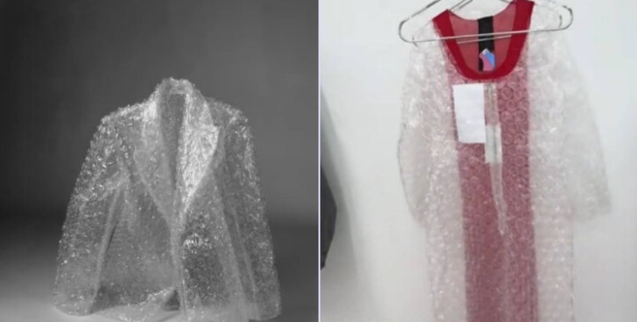 Необычное платье, модный бренд, одежда в пузырчатой ​​пленке, платье их пленки, похоже на пакет, наряд на новый год, модная одежда