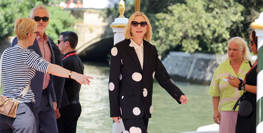 Кейт Бланшетт в Венеции, венецианский кинофестиваль 2024, Кейт Бланшетт стиль, костюм в горошек