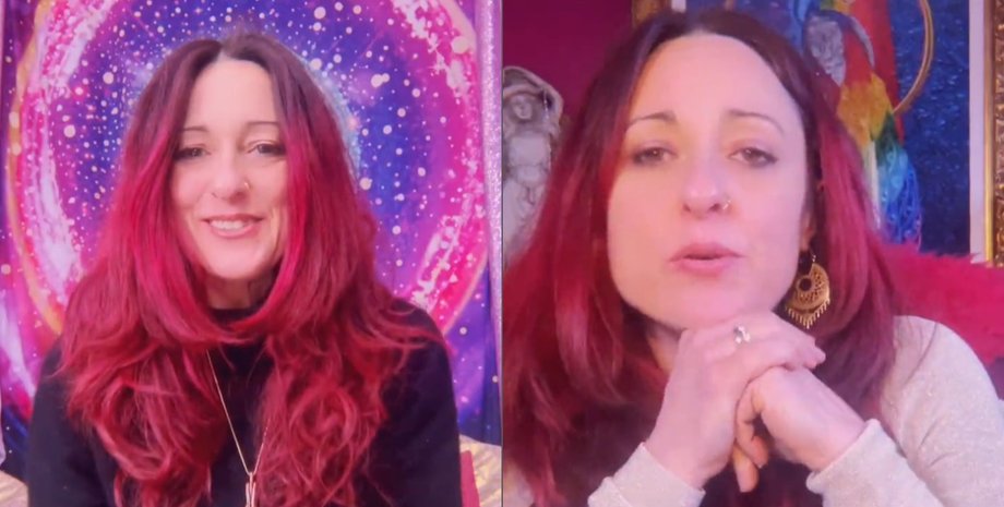 Жінка з яскраво-червоним волоссям розповідає про своє інопланетне походження на тлі космічного орнаменту