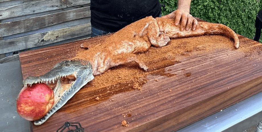 Повар приготовил крокодила, повар, шеф-повар, крокодил, мясо, мясо крокодила, мангал, тако, барбекю