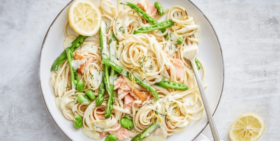 паста, лосось, лимоны, тарелка, еда, ужин