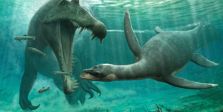 спинозавр, плезиозавр, вода, фото