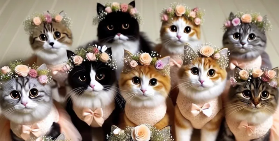 Кошки, животные, кошки в костюме, подружки невесты, кошки на свадьбе, кот, милые животные, домашние животные
