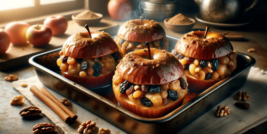 Запечені яблука яблука, десерт, їжа, кориця, родзинки, страва