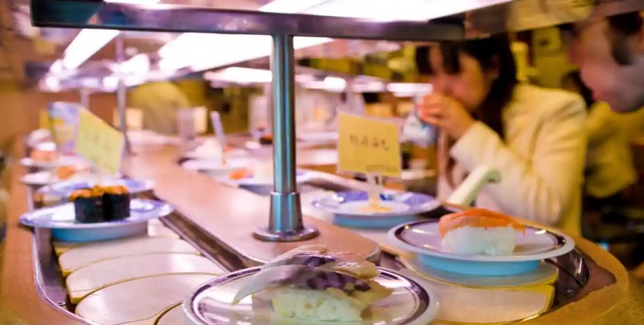 Ресторан, суши, Япония, девушка, еда, прилавок