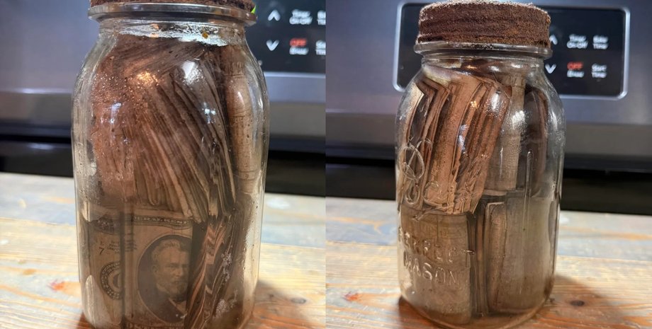 Старинная стеклянная банка, наполненная старыми купюрами США, найденная во время раскопок