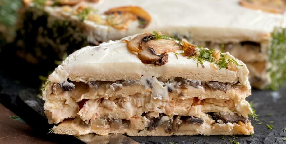 закусочный торт, грибы и курица, закуска рецепт