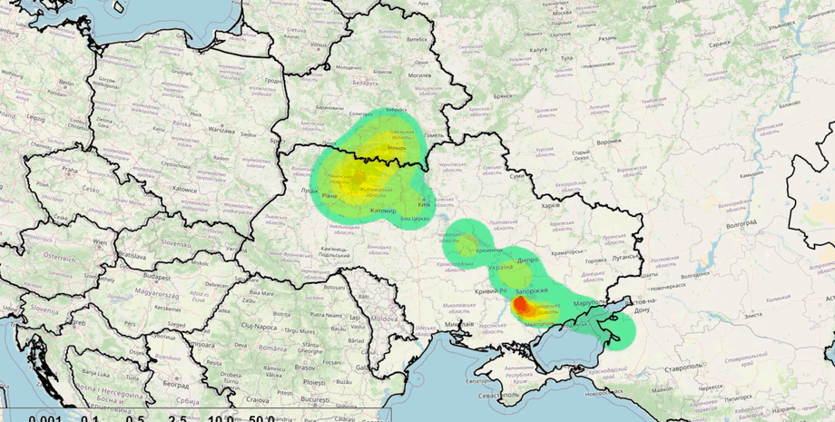 Модель распространения радиации, авария на Запорожской АЭС, распространение радиации