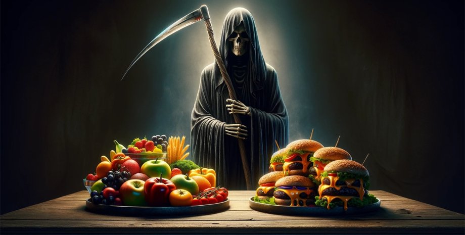 смерть пища, фастфуд, овощи, фрукты, злаки