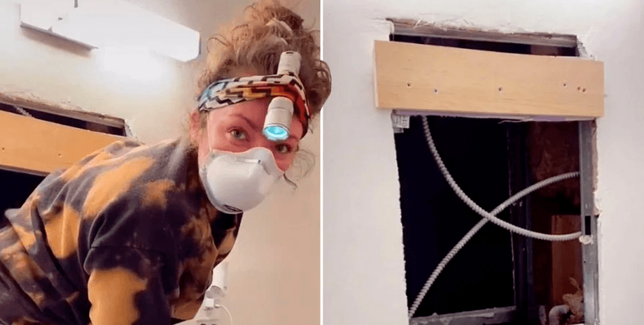 Саманта Хартшу в захисній масці та з налобним ліхтарем досліджує дірку в стіні своєї ванної, за якою ховалася квартира