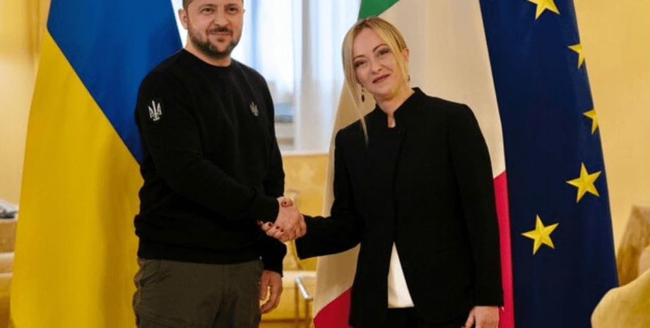 Владимир Зеленский, Джорджия Мелони, флаг Украины, флаг Италии, флаг ЕС