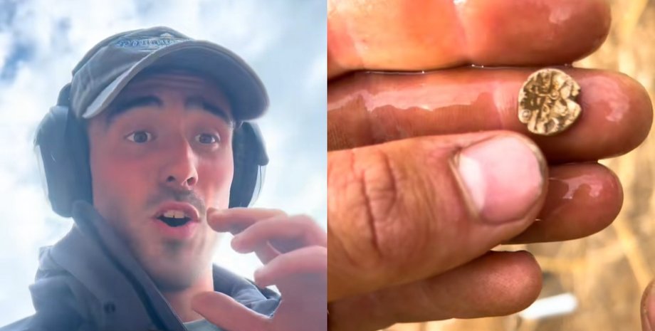 Чоловік-шукач із металошукачем показує радість від знахідки і тримає в руках стародавню золоту монету