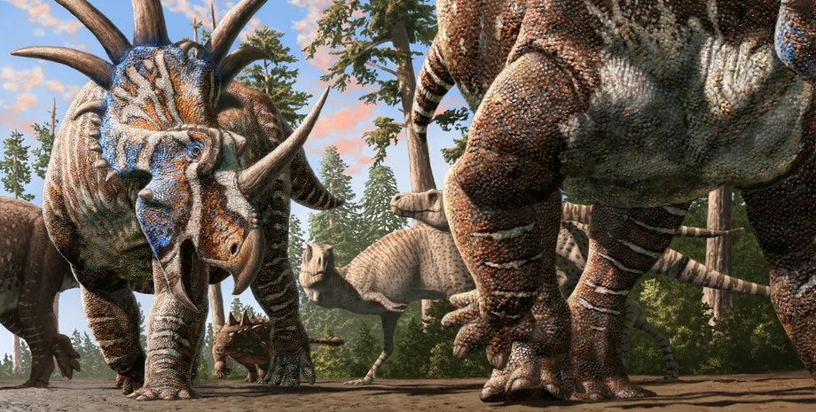 стадо динозавров разных видов