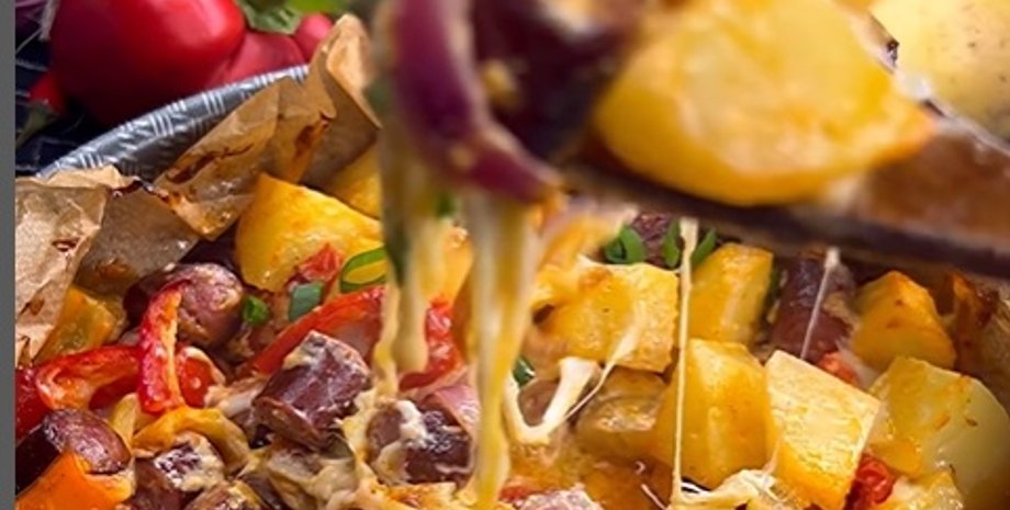 картошка с колбасками, картошка, колбаски, ужин