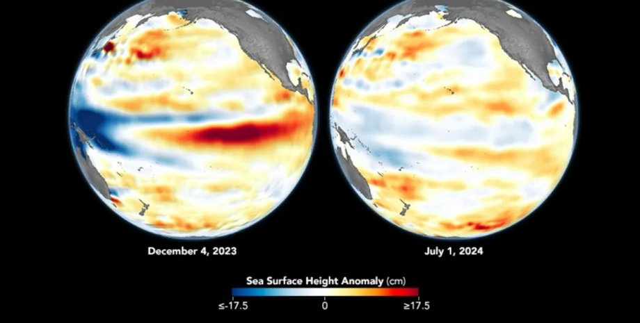 Аномалии высоты поверхности моря в центральной и восточной части Тихого океана 4 декабря 2023 в сравнении с 1 июля 2024 эль-ниньо, эль-ниньо фото