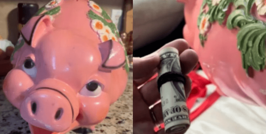 Розовая винтажная копилка, купленная в магазине Goodwill, и свернутые долларовые купюры, обнаруженные внутри