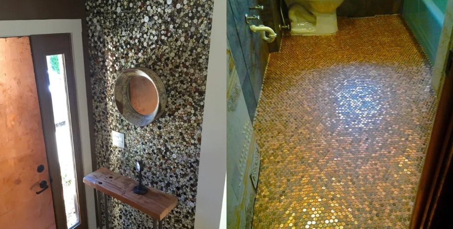 Ванная комната с оригинальным полом из монет вместо керамической плитки