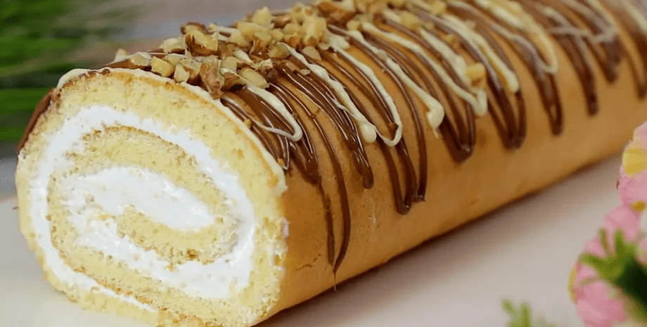 рулет бисквит, рулет, выпечка, десерт, блюдо, еда