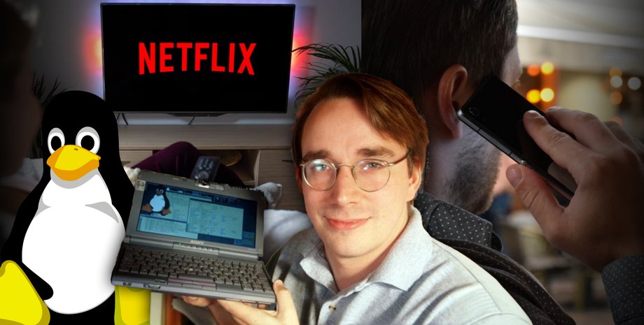 Линус Торвальдс с компьютером на Linux
