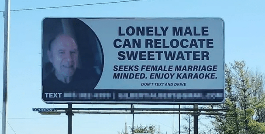 Как найти любовь, мужчина начал рекламировать себя на билборде, курьезы, отношения, США, способы познакомиться с девушкой, способы познакомиться с девушкой