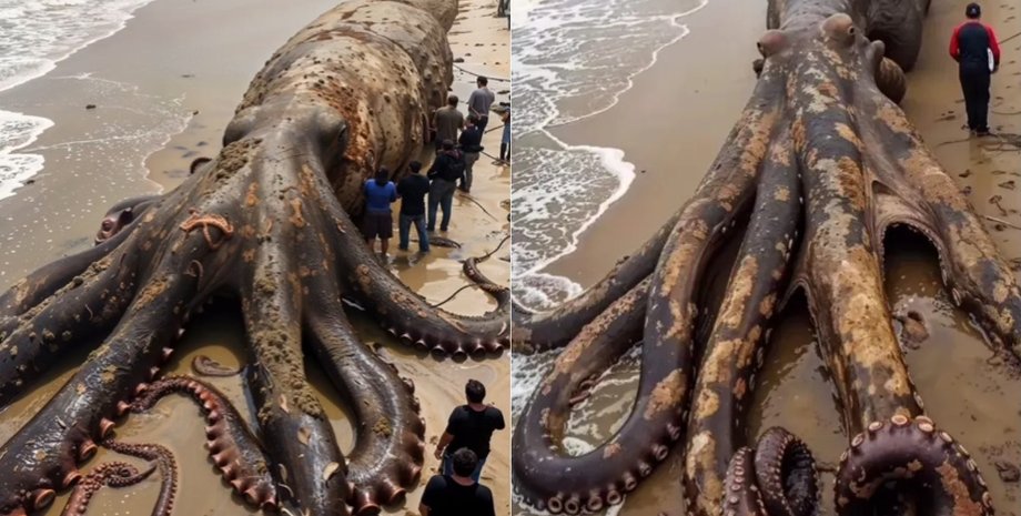 Огромный осьминог, проверка фактов, гигантский осьминог, фейк, выбросило на пляж, ИИ, вирусное фото, соцсети, щупальца осьминога, морское существо