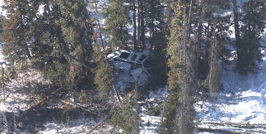 Місце аварії вертольота в лісі штату Юта Вертоліт Bell 206L після падіння з висоти близько 150 метрів серед дерев в окрузі Восатч, штат Юта