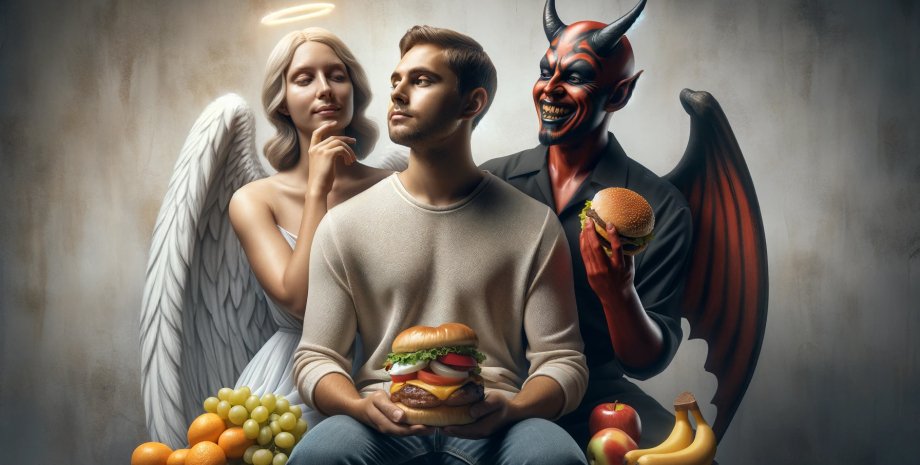ангел, демон, бургер, человек, фрукты